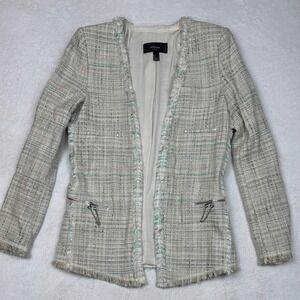 Mango Suit Women Cream Mint Green Tweed Frayed Trim Open Front Blazer Jacket S